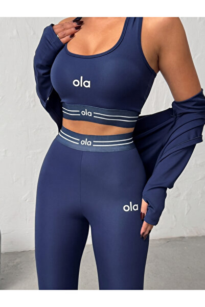 OLA Kadın 3'lü Spor Takımı - Fermuarlı Crop Ceket, Büstiyer ve Yüksek Bel Top...