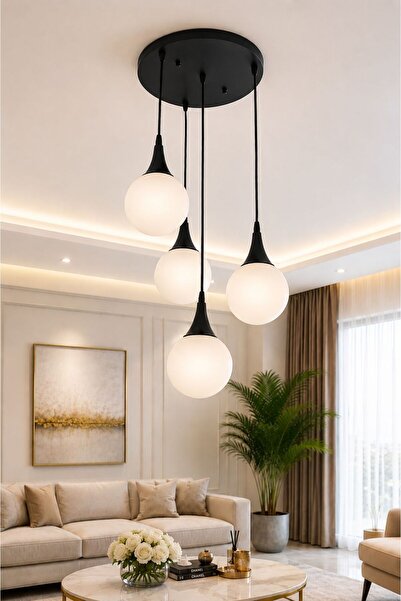 VENON Elora 3 + 1 Yuvarlak Sarkıt Avize ✨SİYAH ✨ BEYAZ GLOP CAMLI ✨ Salon Avi...