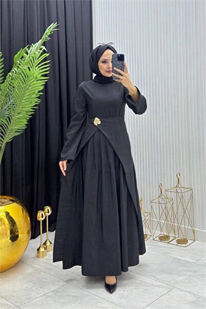 Neşeli Butik Дамска черна дълга драпирана рокля за хиджаб с брошка