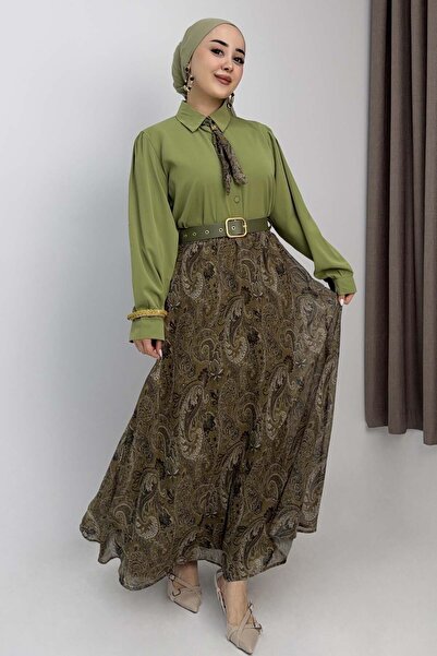 Raneel Kazançlı Alışveriş Women's Belted Chiffon Skirt Top Shirt Scarf Set Green