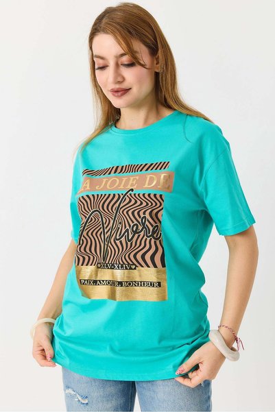 Raneel Kazançlı Alışveriş Women's bright printed t-shirt green