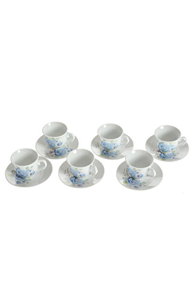 meli melo Set 6 cesti de cafea cu farfurii si trandafiri albastri