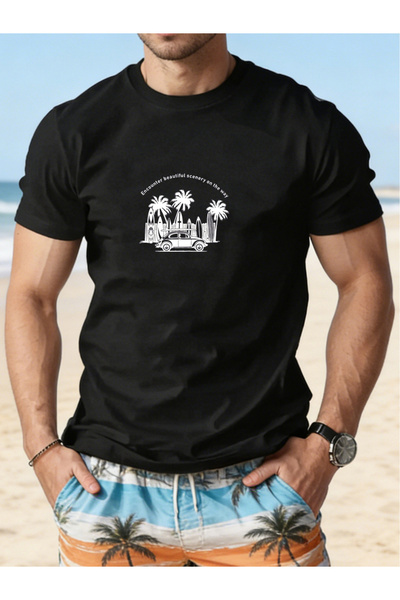 yiou trendy clothing تي شيرت أسود عصري بياقة دائرية للاستخدام اليومي