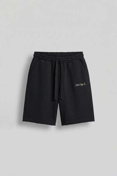 ablukaonline Men's Baggy Fit Basic Shorts with Embroidery Detail Black