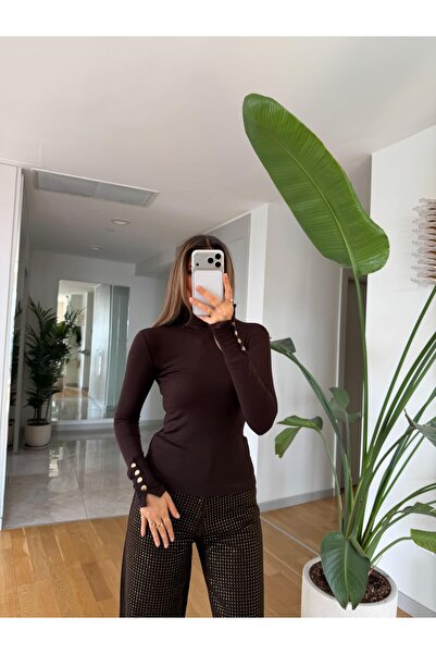 MERVE AKSOY High-Necked Blouse with Snap Buttons on the Sleeves - Brown