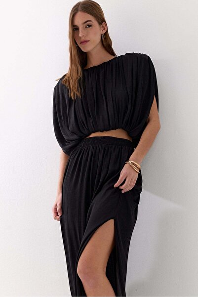 Lencie Drawstring Blouse Skirt Set Black