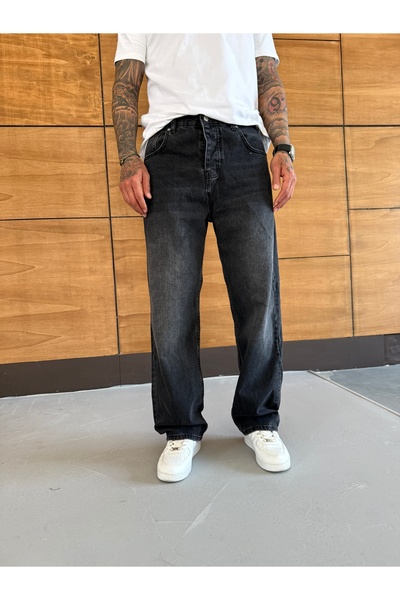 Mob Pantaloni de blugi largi, negri, cu croială dreaptă, 100% bumbac, pentru bărbați