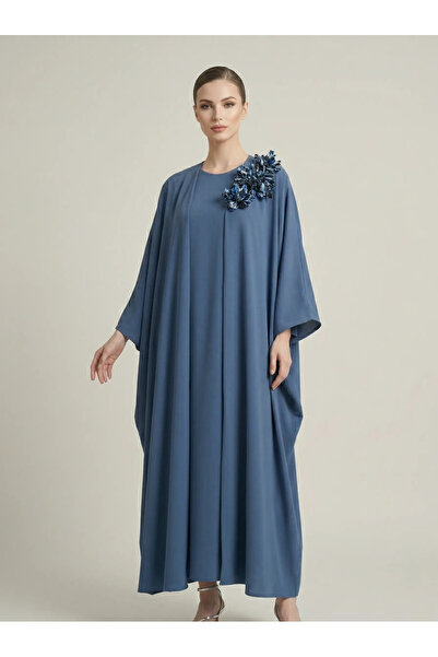 CRYSTALİA Omuz Detaylı İndigo Mavi Abaya - Şık Davet ve Gece Elbisesi