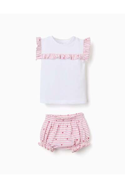 Ziddy Cotton Pyjamas With Stripes And Hearts For Baby Girls White Pink