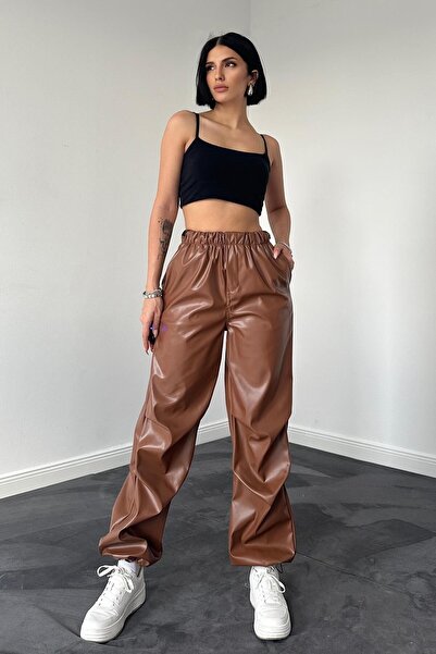 ozelia Camel Elastic Leather Trousers