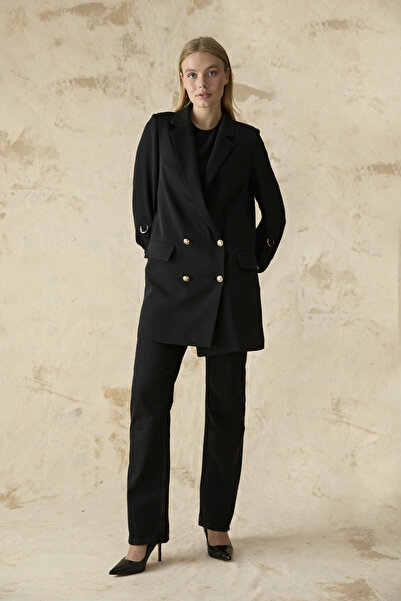 Zühre Double-Breasted Collar Sleeve Detailed Black Jacket 0002
