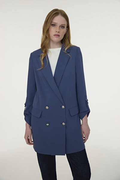 Zühre Double-Breasted Collar Sleeve Detailed Indigo Jacket 0002
