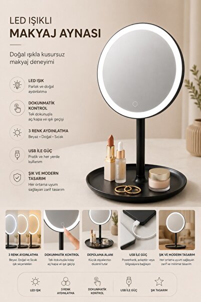 Reoona Led Işıklı Dokunmatik Masa Üstü Makyaj Aynası Siyah