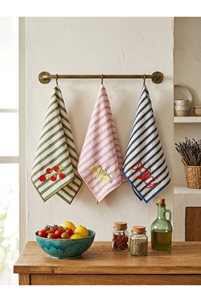LİONYA DESİGN Set of 3 Embroidered Decorative Hand Towels – 100% Cotton, Stri...