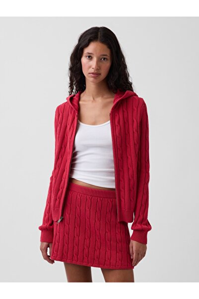 GAP Kadın Kırmızı %100 Pamuk Cable-Knit Fermuarlı Hırka