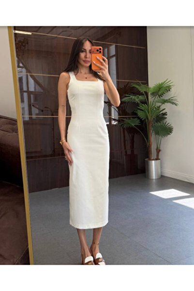 NAVO STUDIO Kadın Askılı Midi Elbise Slim Fit Yırtmaç Detaylı Vücuda Oturan Ş...