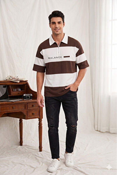 ALİ.COM Unisex Polo Collar Zippered Parted Balance Printed Polo T-Shirt-Overs...