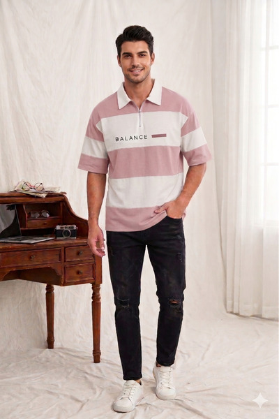 ALİ.COM Unisex Polo Collar Zippered Parted Balance Printed Polo T-Shirt-Overs...