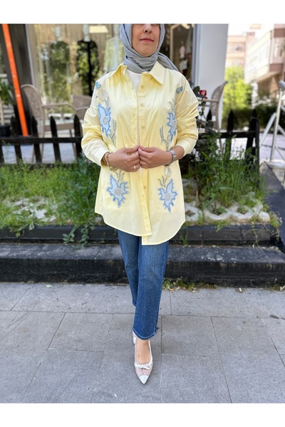 Sernisa Moda Nakış ve Boncuk İşlemeli Oversize Sarı Gömlek
