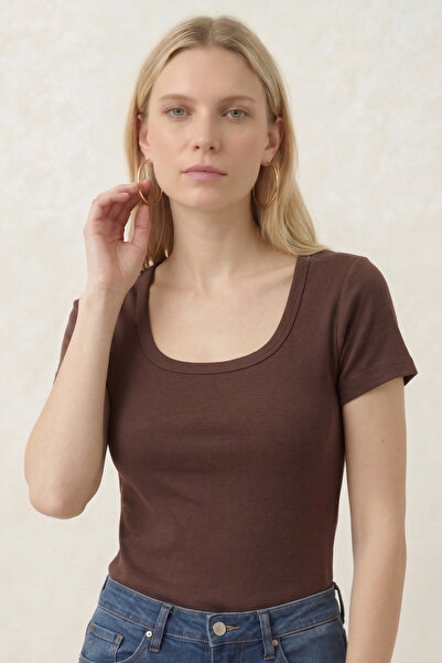 FHELIA Tricou de damă cu decolteu în formă de U, din bumbac, cu textură groasă