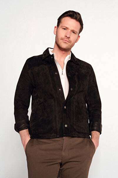 Derimod Zapata Men's Brown Suede Leather Shirt Jacket 26Sgd660210