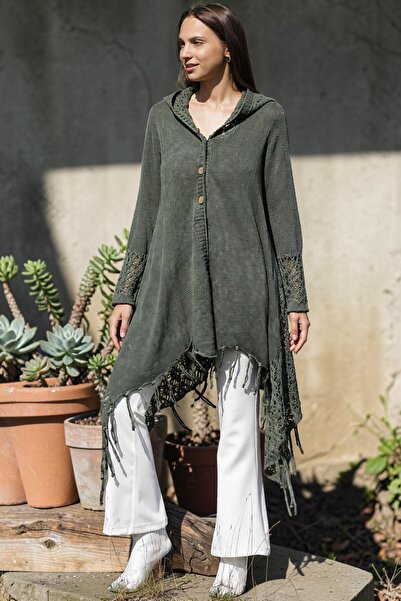 SHOPPEBUTİK Hooded Skirt with Tassels, Openwork Buttons, Cotton Cardigan