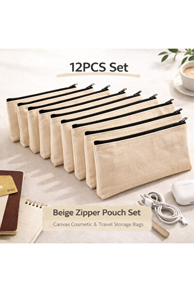Choice 12PCS Bulk Pack Beige Zipper Pouch Set 5/10/12PCS, Multi-Purpose Canva...