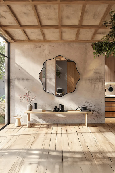 Fawdecor Ahşap Çerçeveli Dalgalı Tasarım Salon Ve Antre Aynası - Modern Asime...