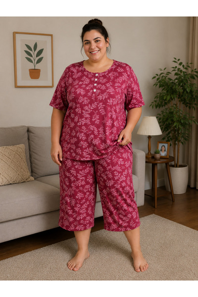 BALİS PİJAMA Women's Plus Size Floral Patterned Spotted Pajama Set Short Slee...