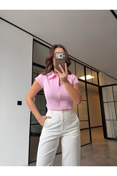 BB Bensu Buyruk Tricou cu guler polo și fermoar, roz