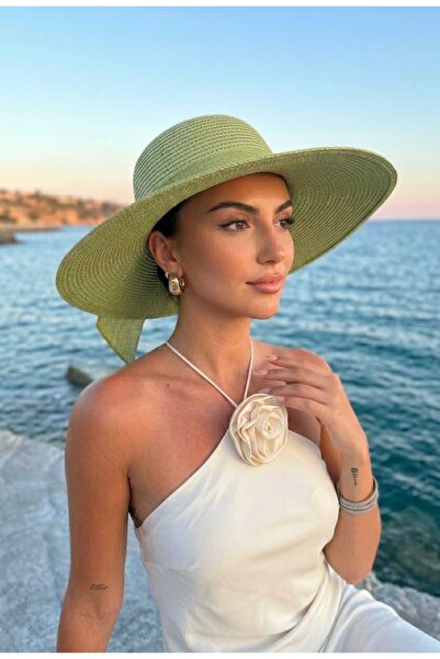 LAGRANZE قبعة نسائية من القش ذات حافة كبيرة وشريط أنيق