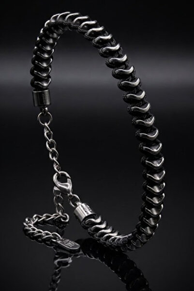 OSMANLI GÜMÜŞ Women's Men's Black Steel Macrame Cord Bracelet