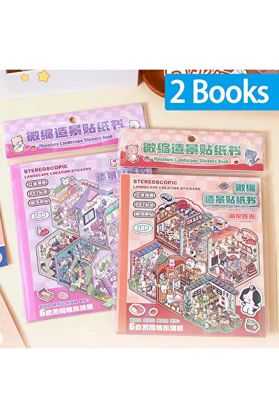 Choice 2 Books 6-in-1 Mini Cartoon 3D Miniature Model Sticker Book DIY Landsc...