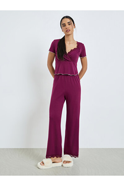 Styli Burgundy Lace Trim Lettuce Hem Wrap Top and Pyjama Set