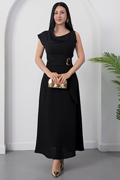 PULLIMM Wide Collar Waist Buckle Sleeveless Dress Grs3978
