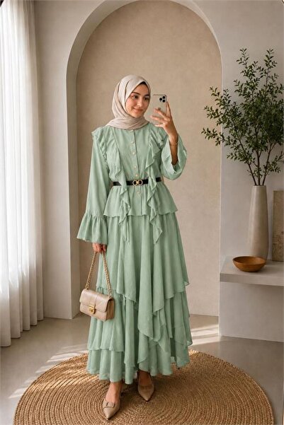Neşeli Butik Women's Mint Green Ruffle Detailed Top and Layered Skirt Double ...