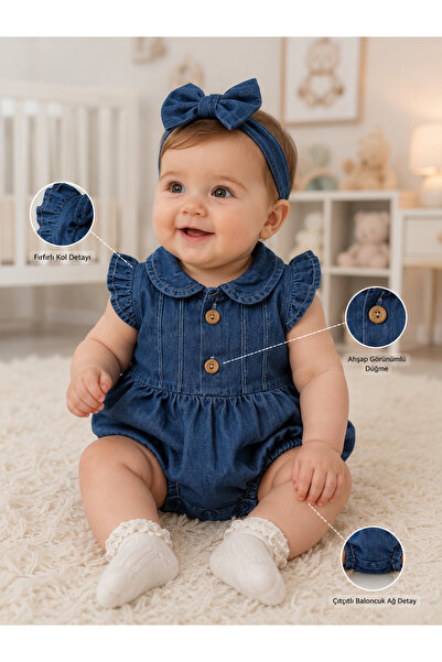 Jolly Joy Bulut Anne- Fırfır Kollu Düğmeli Lacivert Denim Salopet/Tulum Altta...