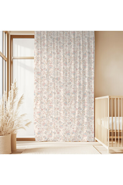 Hanna Home Ekru Floral Desenli Kadife Görünümlü Salon fon perde