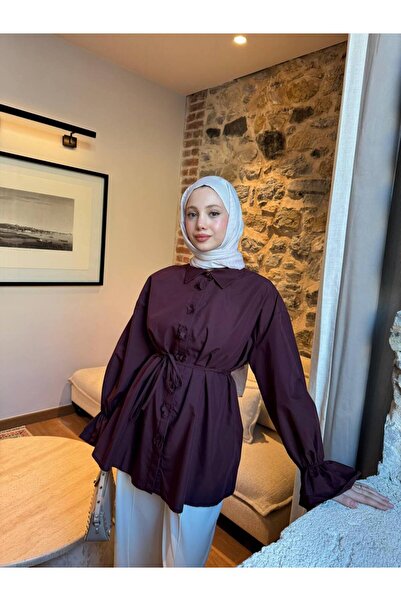 halefoglu kolları geniş çiçek düğmeli uzun kemerli gömlek