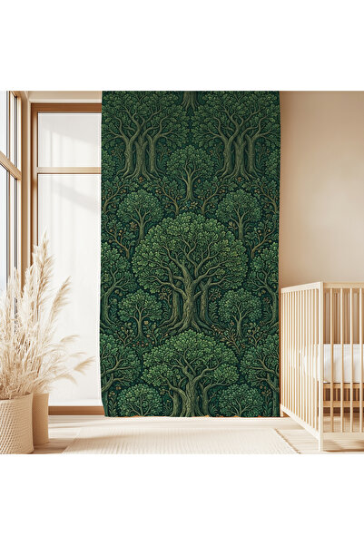 Hanna Home Yeşil Floral Desenli Kadife Görünümlü Salon fon perde