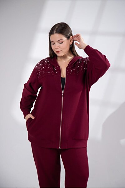 Roxxlen Women's Plus Size Stone Detailed Tracksuit Set