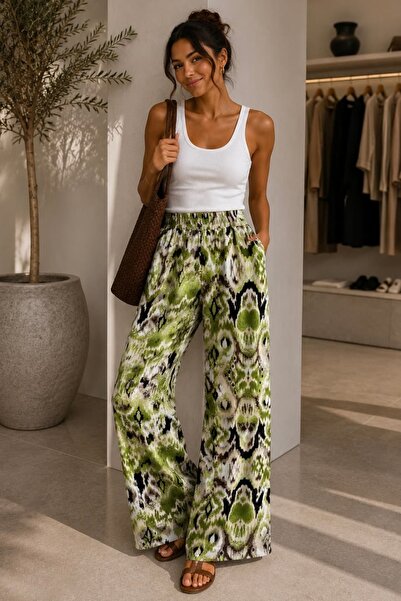 bb butik basic Patterned Wide-Leg Viscose Trousers Casual Stylish Women's Tro...