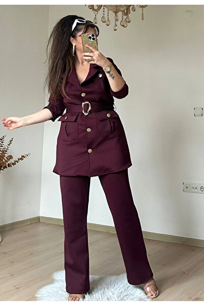 AZRA BUTİK Belted Gold Buttoned Suit Burgundy