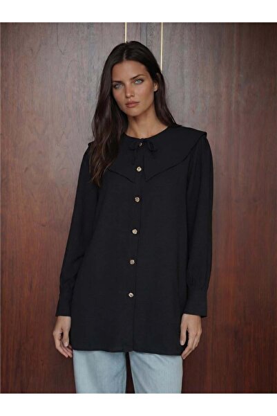 WeShaya Black Viscose Nylon Blend Baby Collar Long Sleeve Buttoned Long Tunic