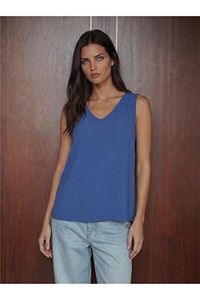 WeShaya Indigo Stretch Fabric V-Neck Zero Sleeve Straight Cut Polyester Elast...