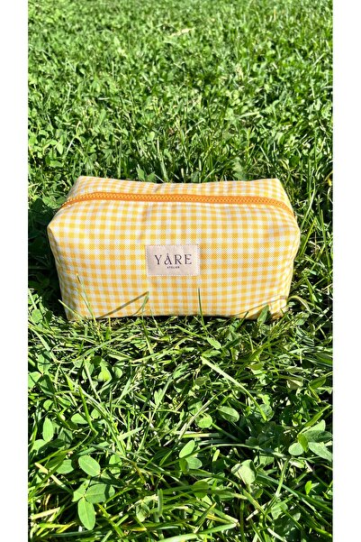Yare Atelier Yellow Gingham Fabric Makeup Bag, Portable Travel Size Makeup Bag