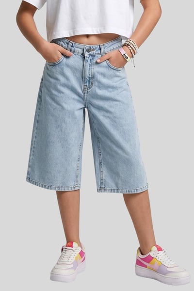 ww waka waka kids store Kız Çocuk Bol Paça Jean Bermuda Şort