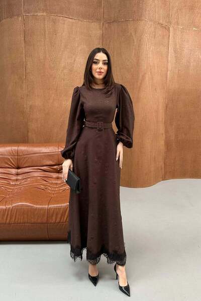 Caddebostan Moda Square Embossed Glitter Belted Lace Detailed Balloon Sleeve ...