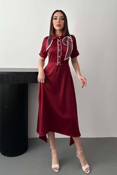 Caddebostan Moda Scarf Detailed Shirt Collar Satin Midi Dress