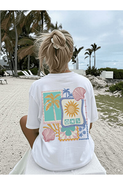 one button Palm tree, seashell, and sun print premium oversized t-shirt